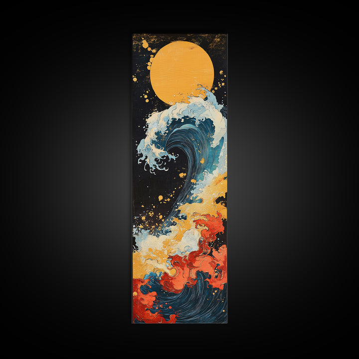 Golden Moon Ocean Wave Framed Canvas Print, Japanese Wall Art, Coastal Decor, Bold Ukiyo E Seascape For Modern Home Decor