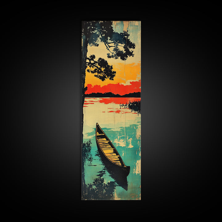 Canoe On Sunset Lake Wall Art, Japanese Landscape Canvas Print, Rustic Cabin Home Decor, Teal Water Long Vertical Art Print