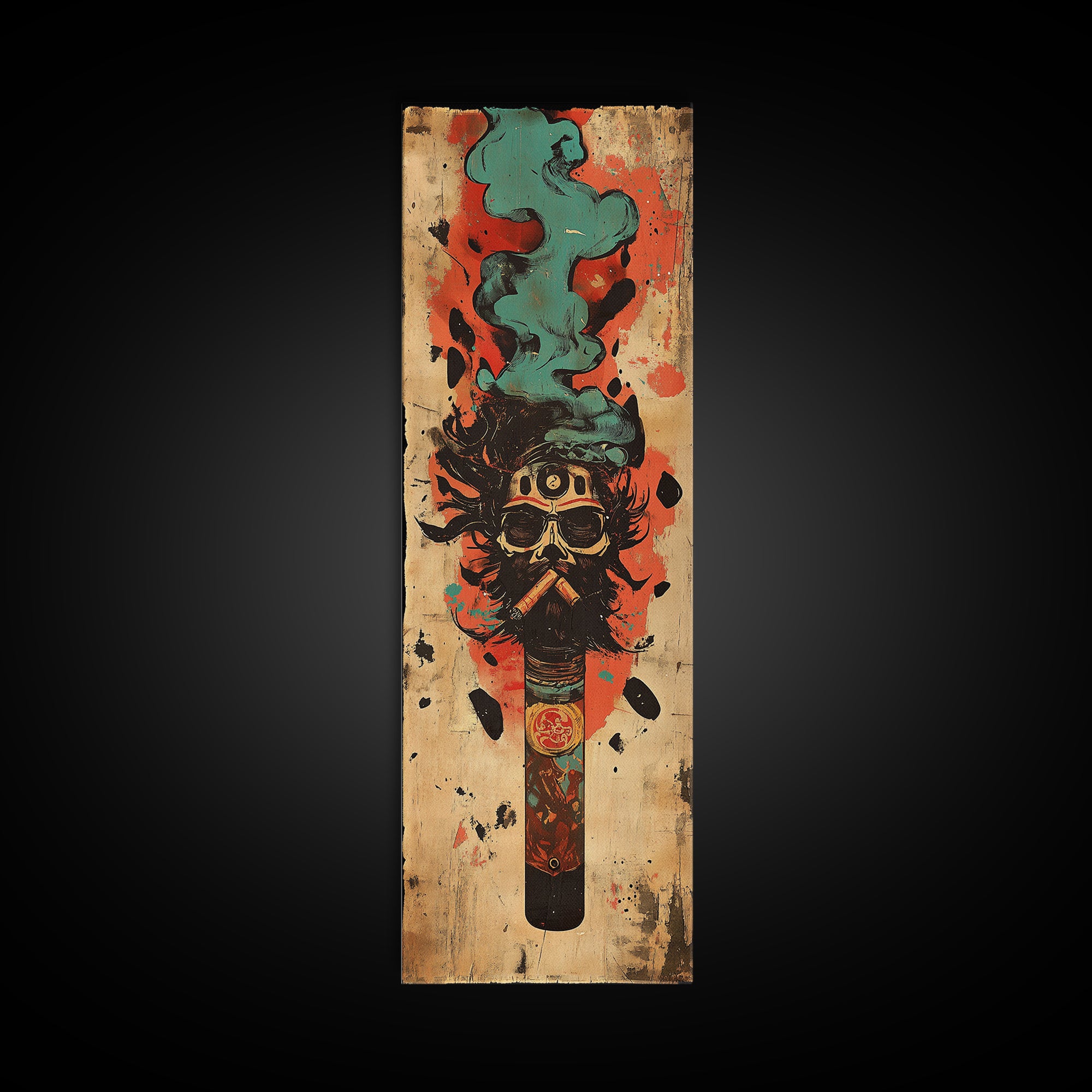 Smoking Tribal Mask With Teal Smoke Canvas Print, African Inspired Art, Afrocentric Wall Decor, Bold Man Cave Decor Gift