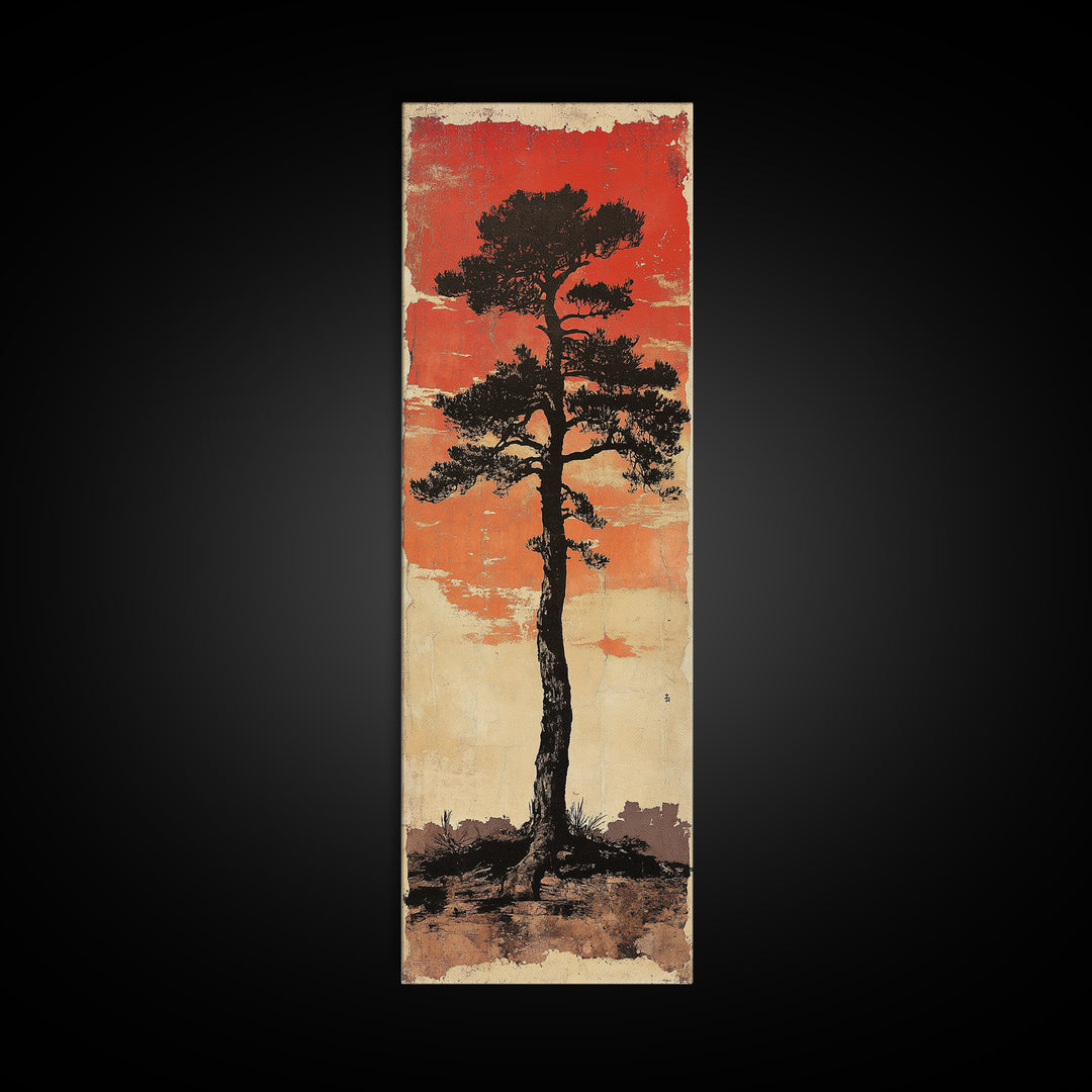 Lone Black Pine Tree At Red Sunset Canvas Print, Japanese Wall Art, Rustic Landscape Art, Long Narrow Nature Wall Decor Gift