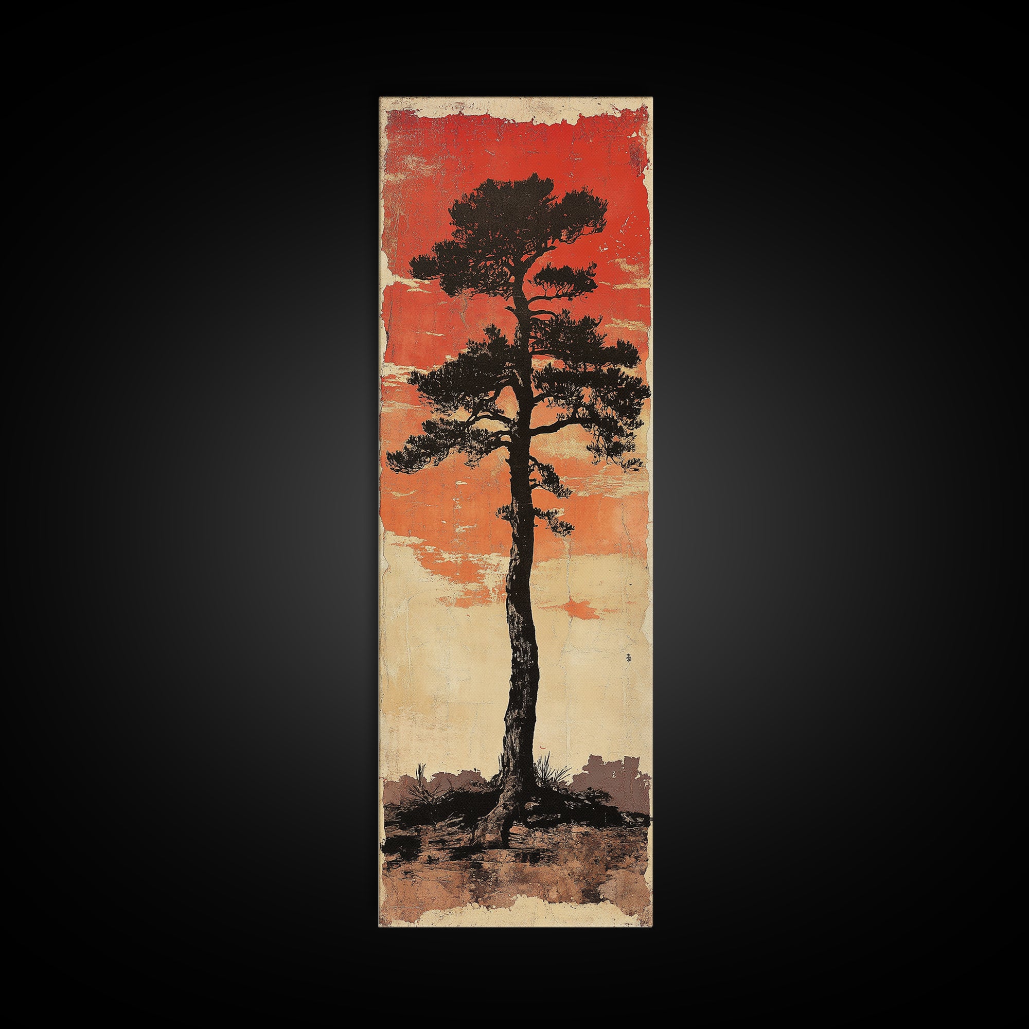 Lone Black Pine Tree At Red Sunset Canvas Print, Japanese Wall Art, Rustic Landscape Art, Long Narrow Nature Wall Decor Gift