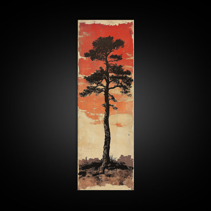 Lone Black Pine Tree At Red Sunset Canvas Print, Japanese Wall Art, Rustic Landscape Art, Long Narrow Nature Wall Decor Gift