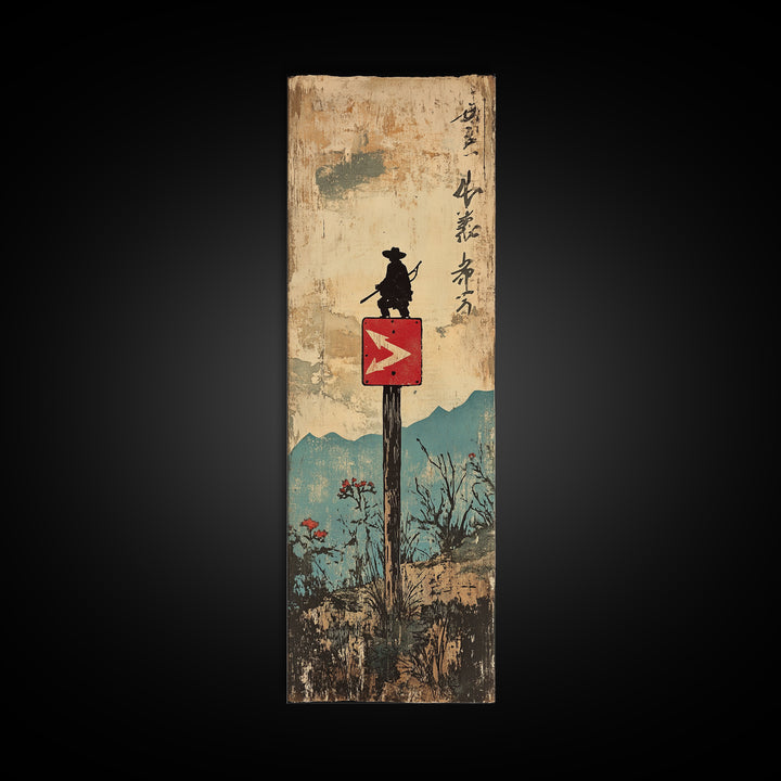 Samurai Silhouette On Mountain Signpost Wall Art, Japanese Landscape Print, Asian Inspired Decor, Long Narrow Home Decor Gift