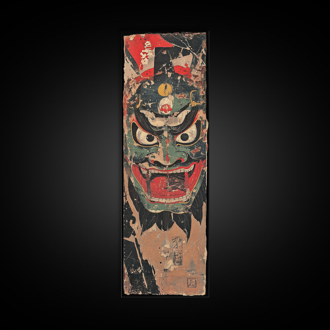 Fierce Japanese Oni Demon Mask Framed Canvas Print, Kabuki Wall Art, Dark Fantasy Decor, Bold Samurai Artwork Gift For Him