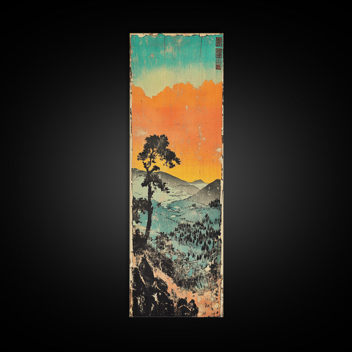 Orange Sunset Mountain Valley Canvas Print, Japanese Landscape Wall Art, Coastal Teal Nature Decor, Long Narrow Wall Decor