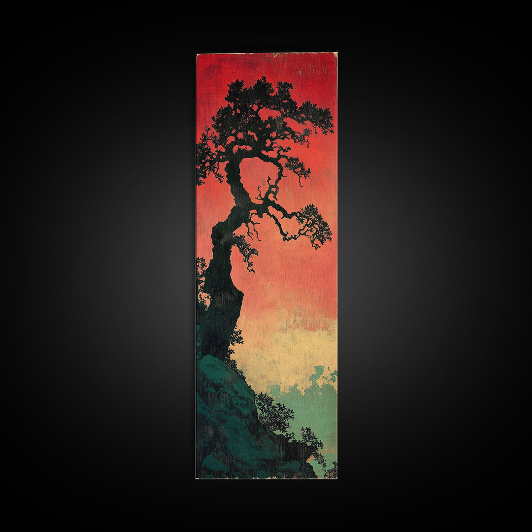 Twisted Black Pine Tree At Red Dusk Canvas Print, Japanese Wall Art, Moody Landscape Decor, Long Narrow Nature Gift For Her