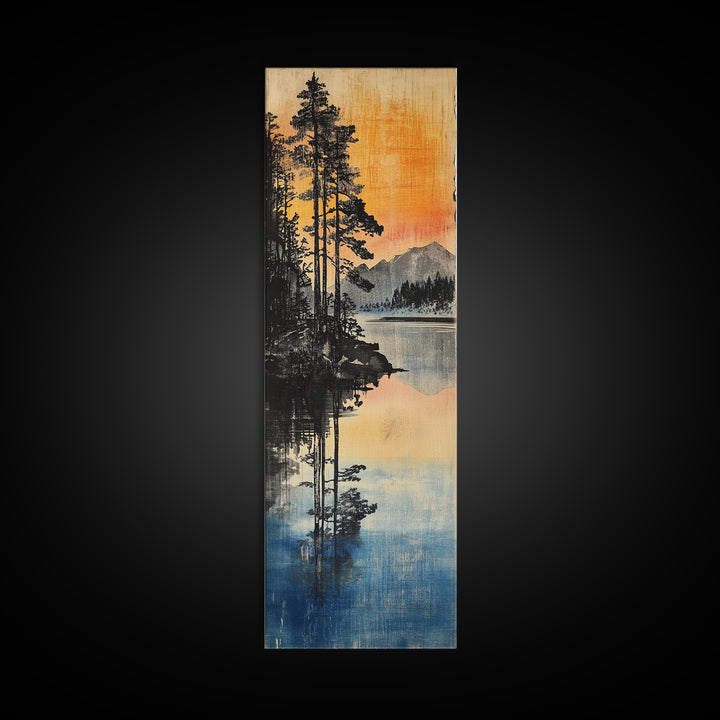 Misty Pine Lake Reflection Sunset Mountains Wall Art, Japanese Landscape Print, Rustic Cabin Decor, Nature Living Room Art