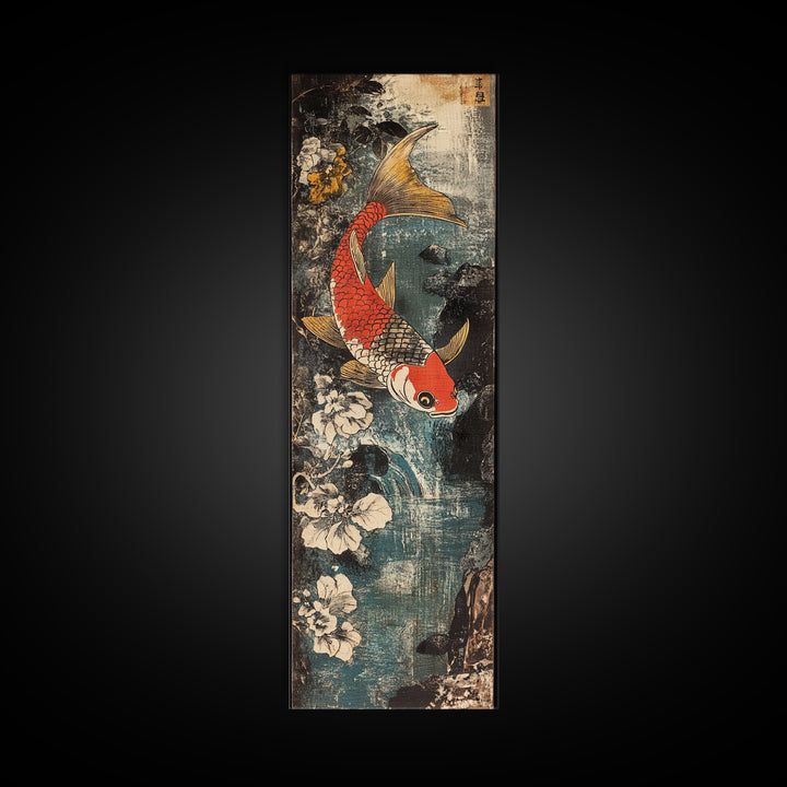 Red And Gold Koi Fish With White Flowers Wall Art, Japanese Koi Art, Asian Bathroom Decor, Zen Nature Canvas Print, Living Room Decor