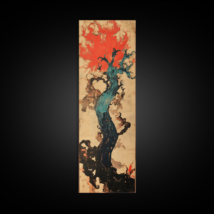 Teal Twisted Tree With Red Flame Clouds Framed Canvas Print, Japanese Abstract Wall Art, Moody Organic Modern Decor, Statement Art