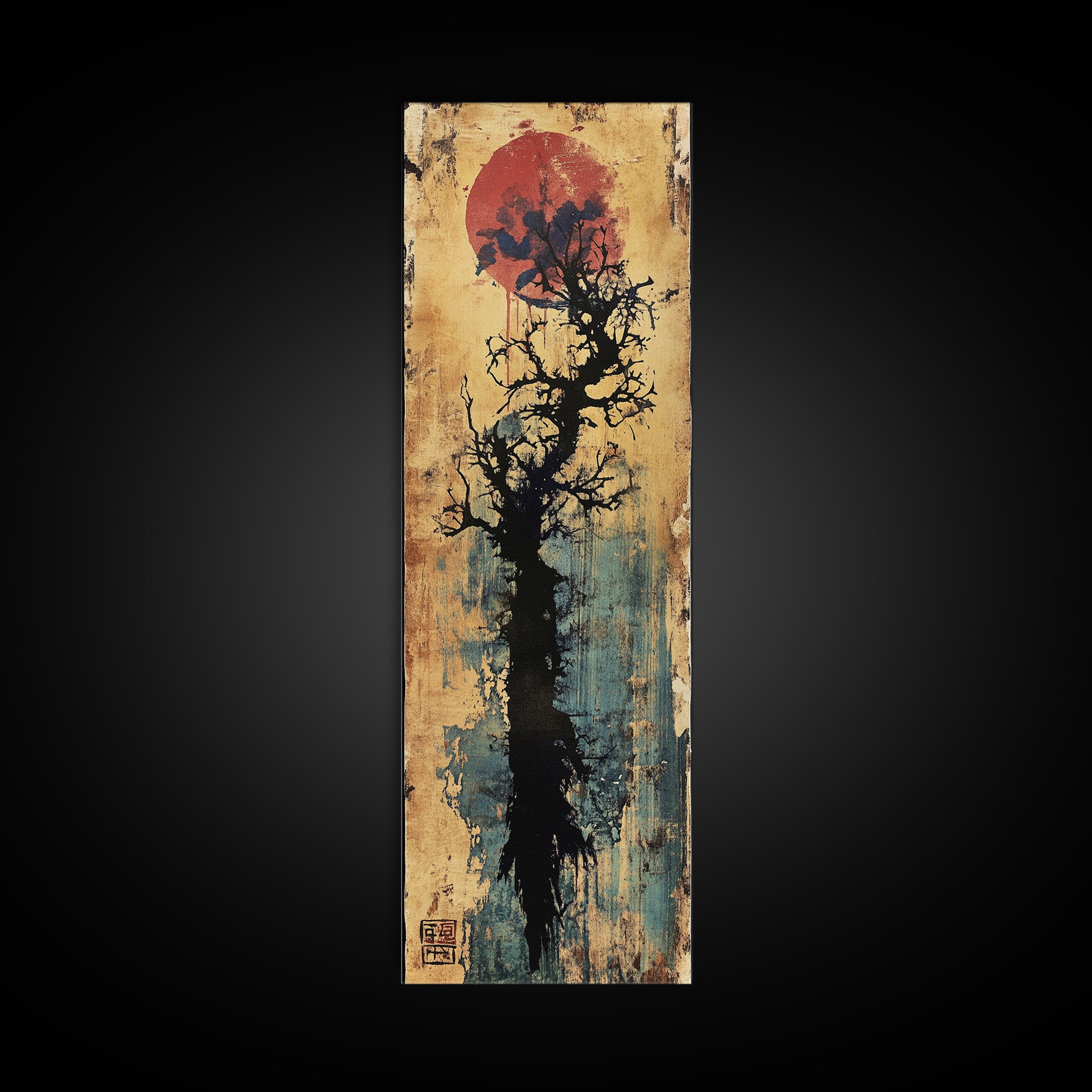 Bare Black Tree Under Crimson Moon Wall Art, Japanese Ink Landscape, Dark Academia Decor, Moody Zen Living Room Art, Canvas Print