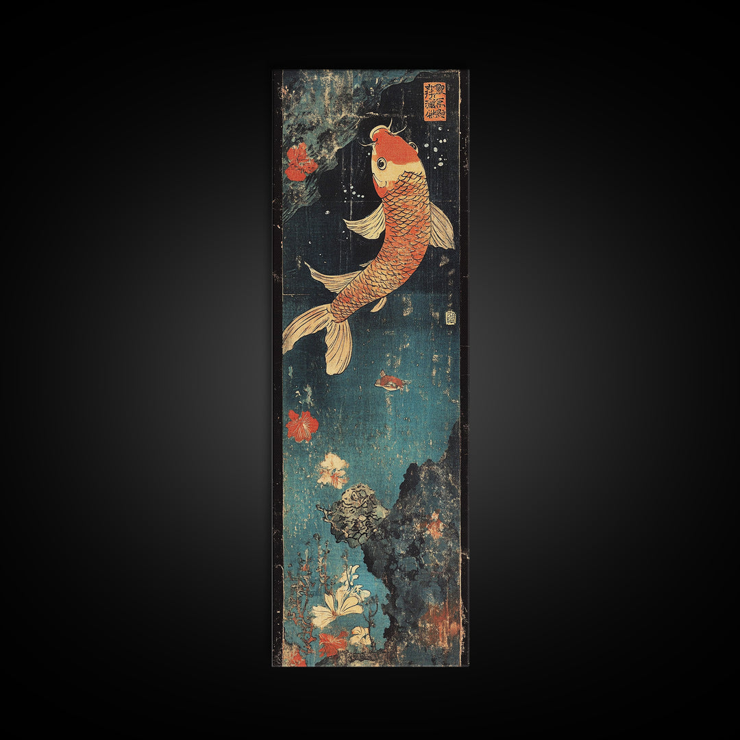 Golden Koi Fish With Coral Flowers Framed Canvas Print, Japanese Koi Wall Art, Zen Bathroom Decor, Asian Nature Art Print