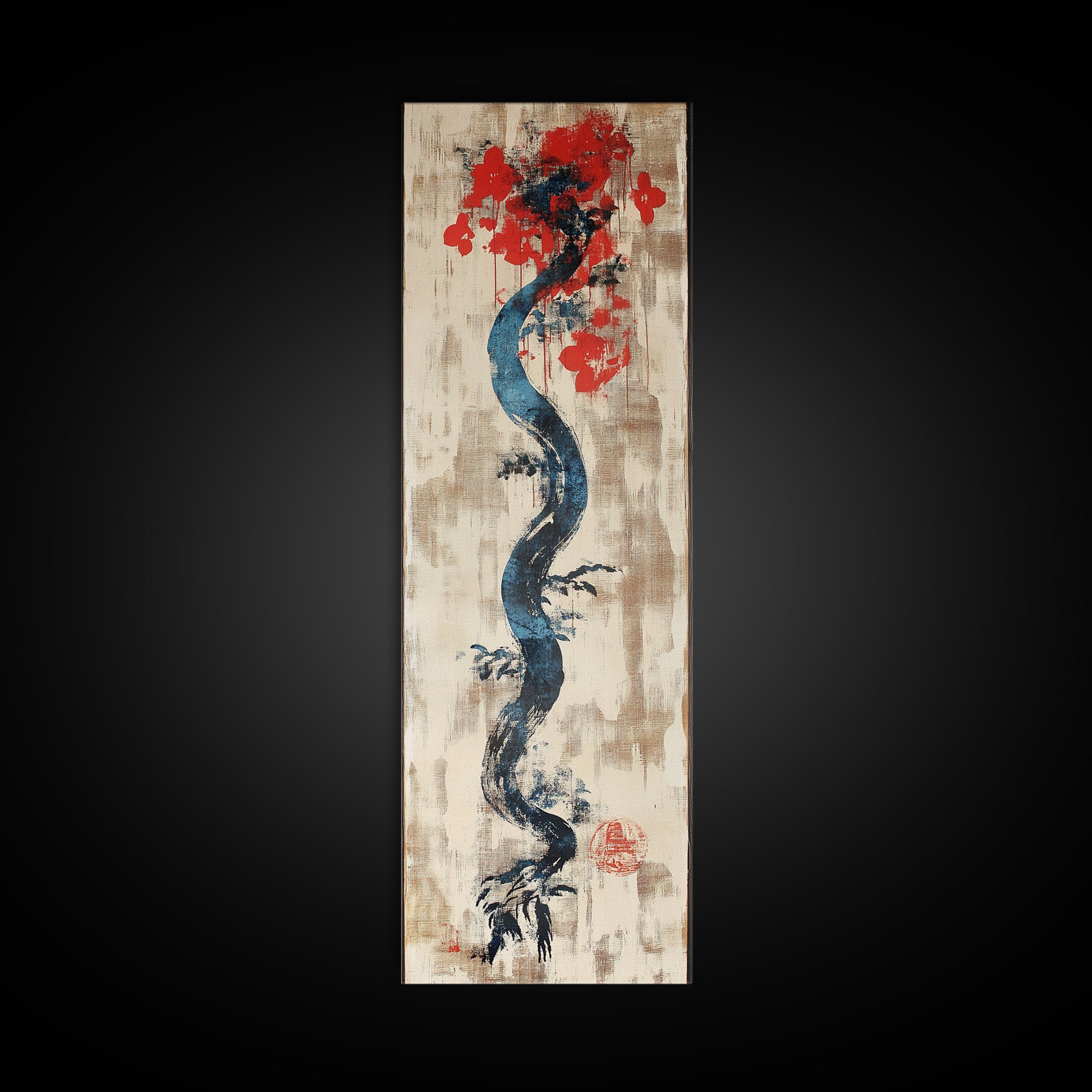 Blue Twisting Tree With Red Blossoms Canvas Print, Japanese Botanical Wall Art, Minimalist Nature Decor, Modern Zen Art Print