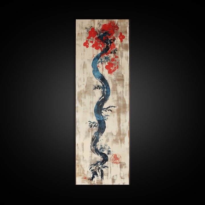 Blue Twisting Tree With Red Blossoms Canvas Print, Japanese Botanical Wall Art, Minimalist Nature Decor, Modern Zen Art Print