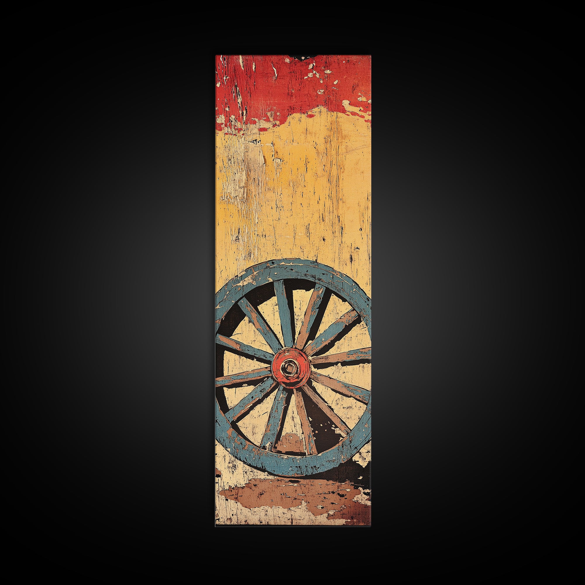 Blue Wagon Wheel Wall Art, Rustic Western Canvas Print, Distressed Farmhouse Decor For Country Home And Living Room Wall Decor