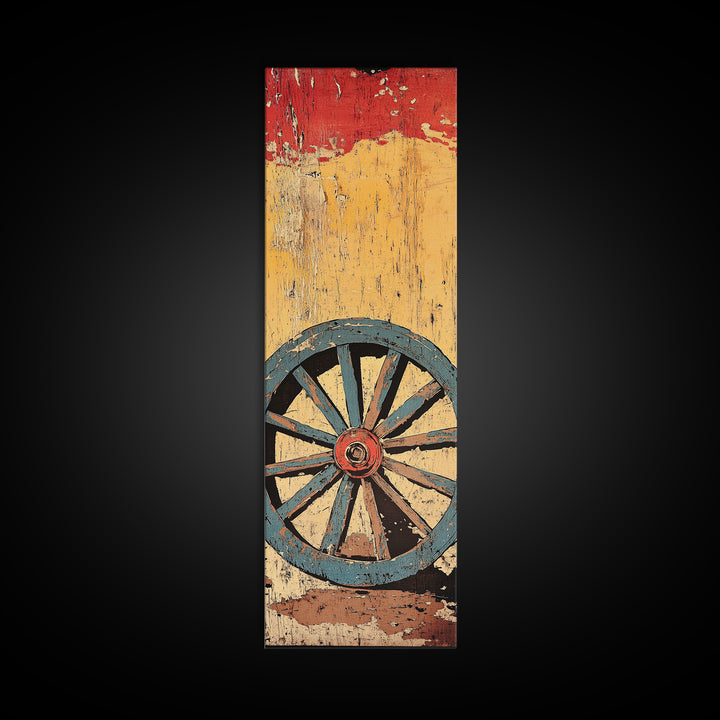 Blue Wagon Wheel Wall Art, Rustic Western Canvas Print, Distressed Farmhouse Decor For Country Home And Living Room Wall Decor