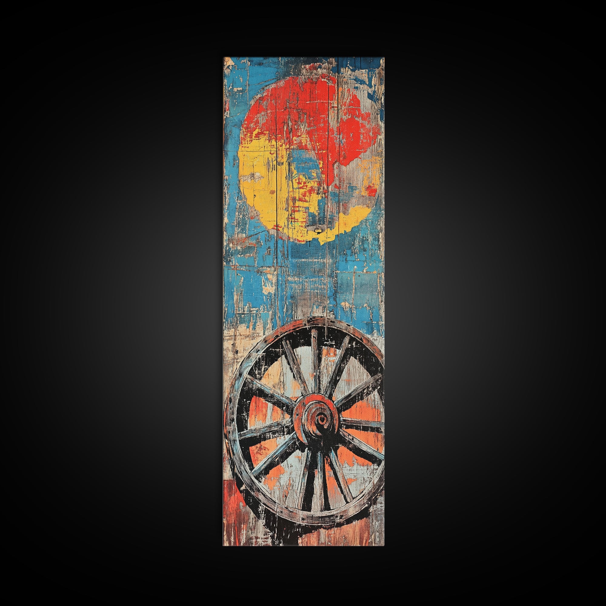 Wagon Wheel With Red Sun Wall Art, Rustic Western Canvas Print, Bold Farmhouse Decor For Living Room And Country Home Wall Decor