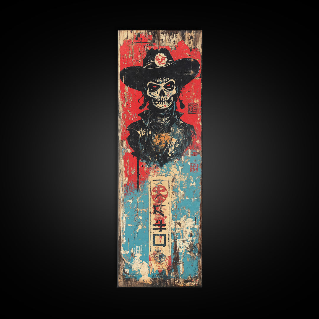 Skeleton Cowboy In Black Hat Wall Art, Gothic Western Canvas Print, Dark Americana Decor For Man Cave And Eclectic Room Decor