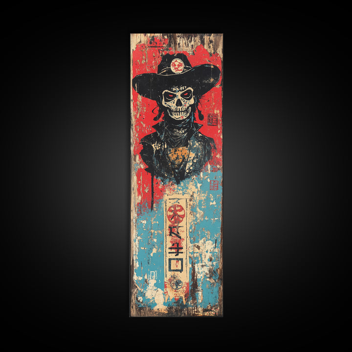 Skeleton Cowboy In Black Hat Wall Art, Gothic Western Canvas Print, Dark Americana Decor For Man Cave And Eclectic Room Decor