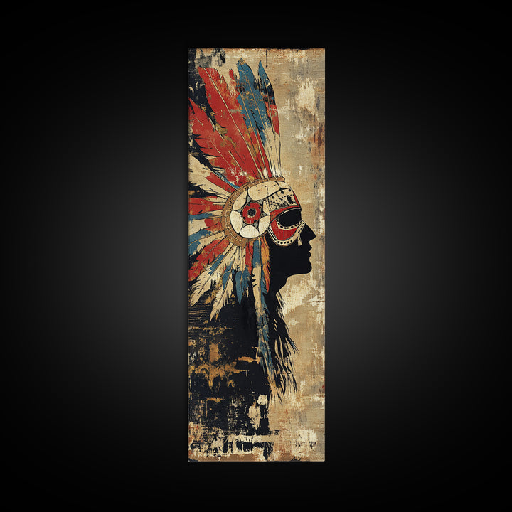 Feather Headdress Profile Wall Art, Tribal Southwestern Canvas Print, Indigenous Inspired Decor For Boho Living Room Wall Decor