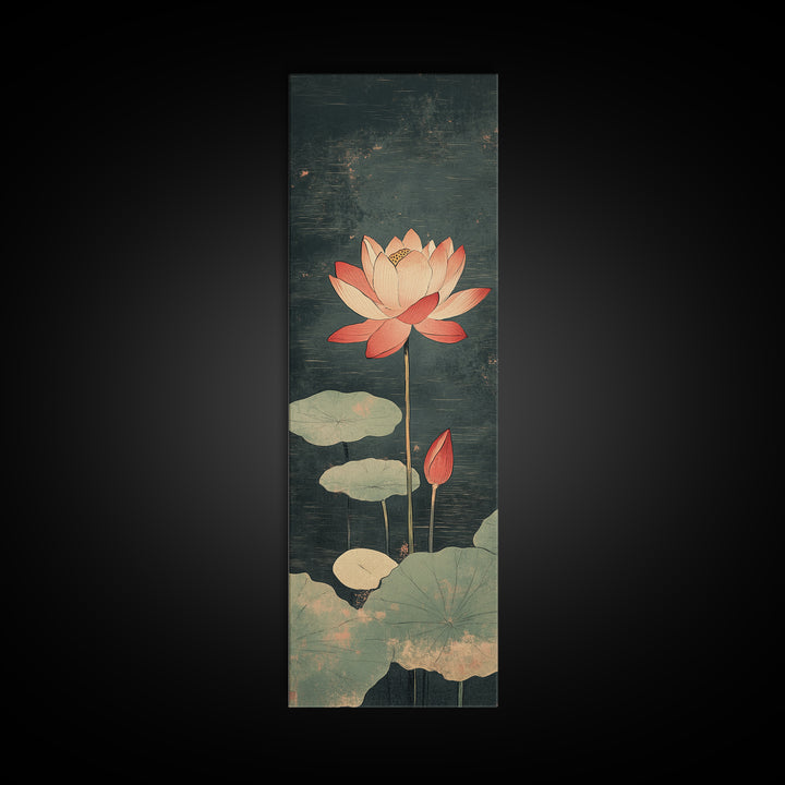 Pink Lotus Flower Pond Wall Art, Japanese Botanical Canvas Print, Serene Nature Decor For Spa Bathroom And Meditation Room