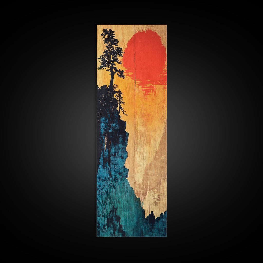 Cliff Silhouette With Red Sun Wall Art, Japanese Landscape Canvas Print, Moody Nature Decor For Living Room And Office Wall Decor
