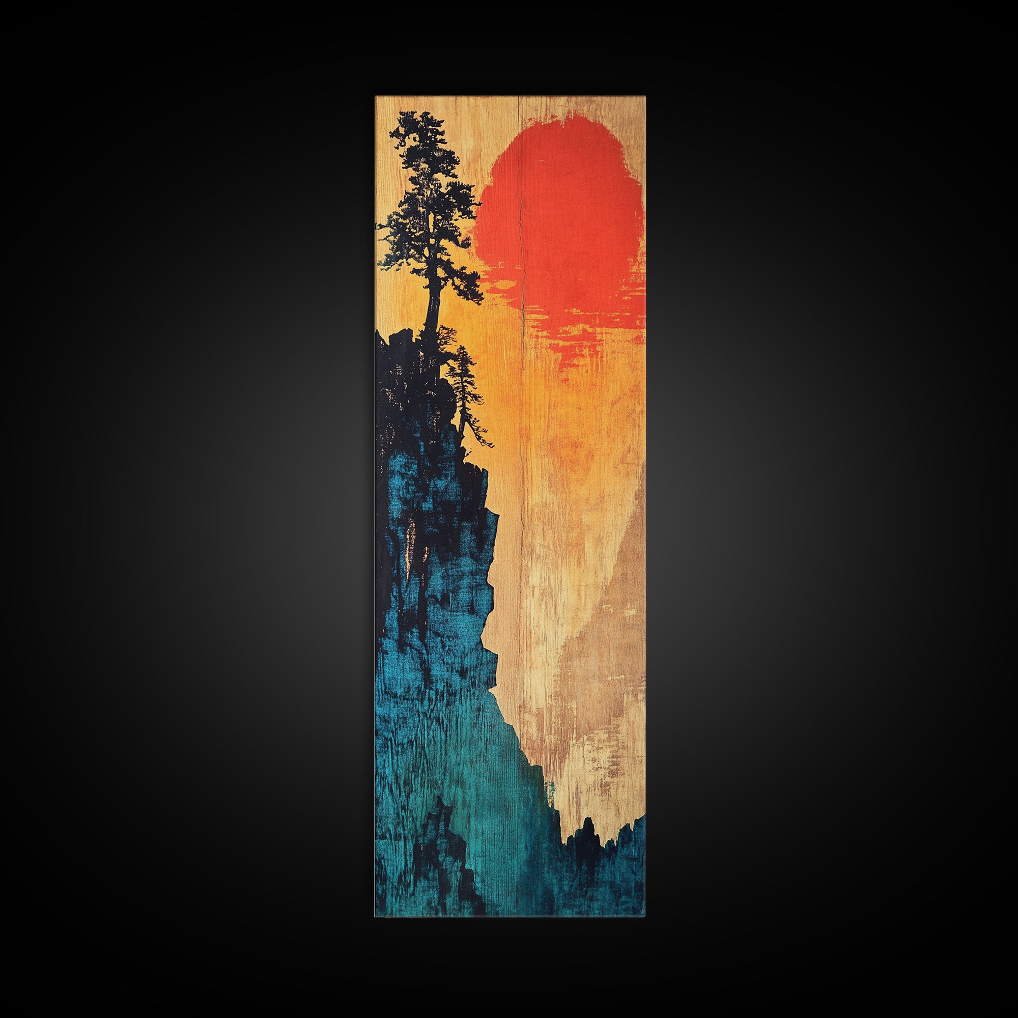 Cliff Silhouette With Red Sun Wall Art, Japanese Landscape Canvas Print, Moody Nature Decor For Living Room And Office Wall Decor