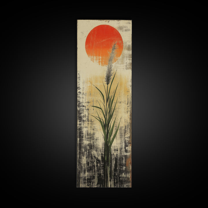 Tall Reed Grass With Red Sun Wall Art, Japanese Botanical Canvas Print, Minimal Nature Decor For Japandi Living Room Wall Decor