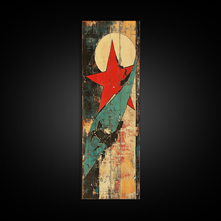 Red Star And Teal Rocket Abstract Canvas Print, Mid Century Modern Wall Art, Retro Futuristic Art, Bold Office Decor, Home Decor