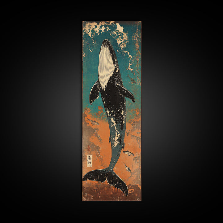 Humpback Whale Rising Through Teal Waves Wall Art, Japanese Woodblock Style, Ocean Wall Art, Marine Life Art, Coastal Decor