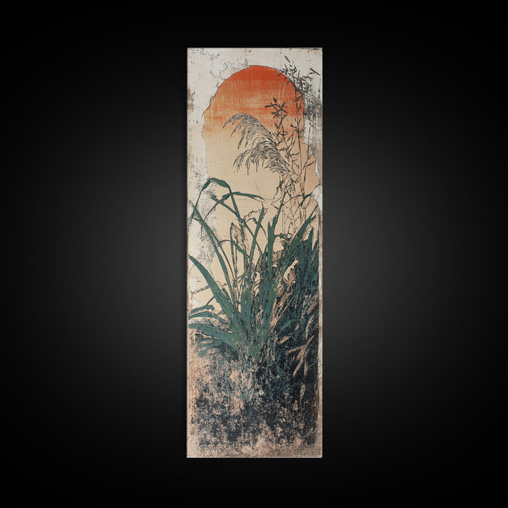 Orange Sun And Wild Grass Wall Art, Japanese Botanical Print, Japandi Decor, Minimalist Nature Art, Vertical Canvas Print