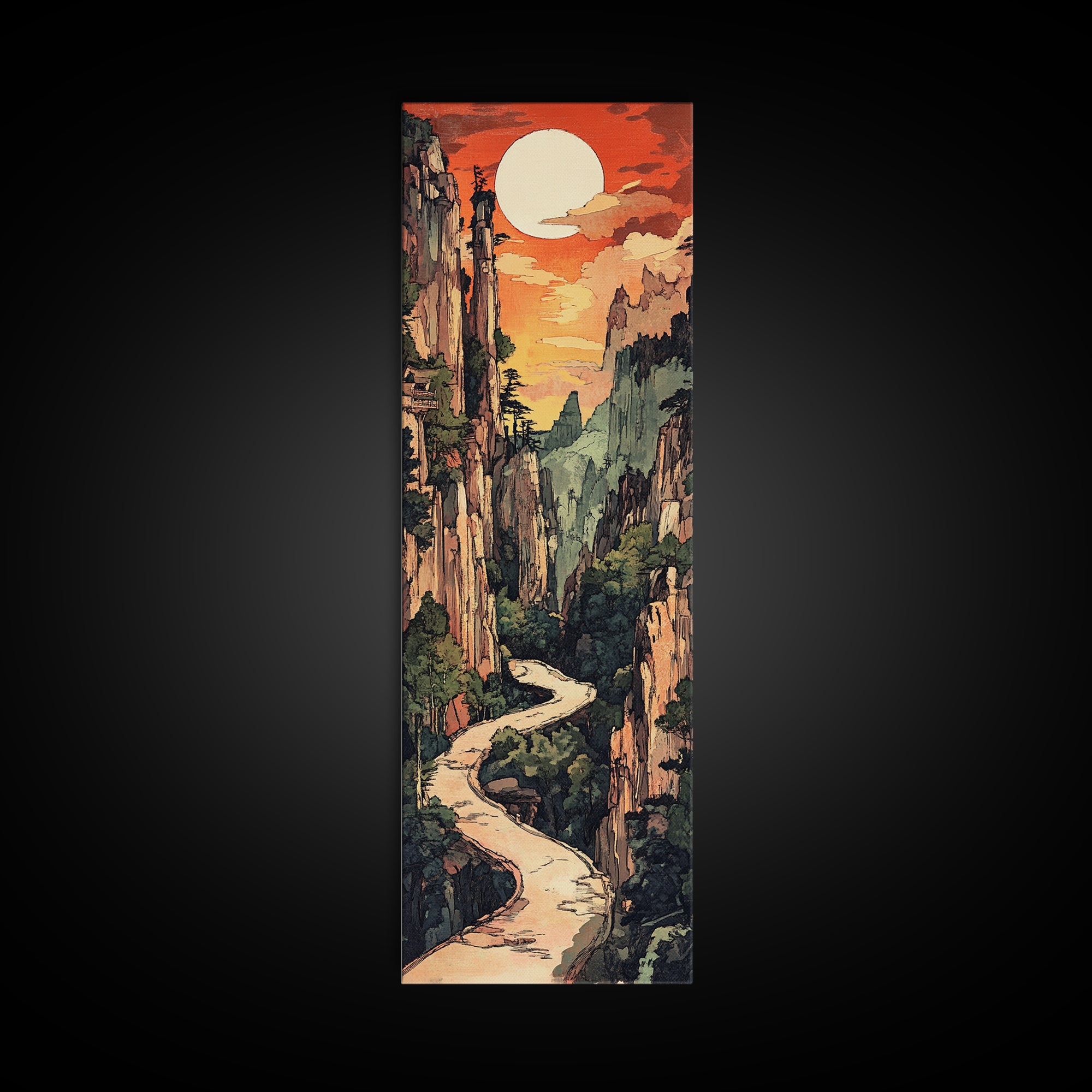 Sunset Canyon River Wall Art, Japanese Landscape Print, Mountain Wall Decor, Large Horizontal Art, Framed Canvas Print, Living Room Decor