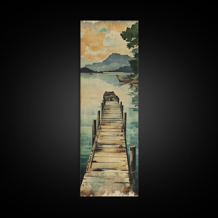 Quiet Lake Dock Framed Canvas Print, Mountain Landscape Wall Art, Serene Nature Decor, Coastal Cabin Living Room Art Print