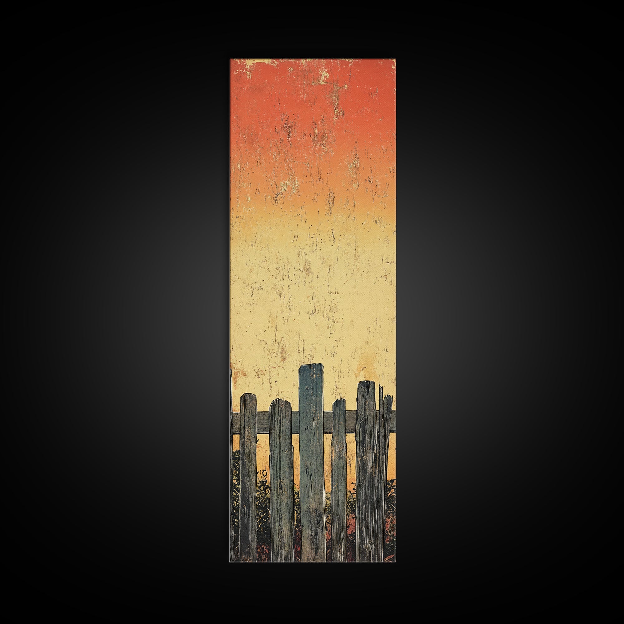 Weathered Fence Sunset Wall Art, Rustic Minimalist Landscape Print, Orange Sky Farmhouse Decor, Tall Vertical Canvas Print