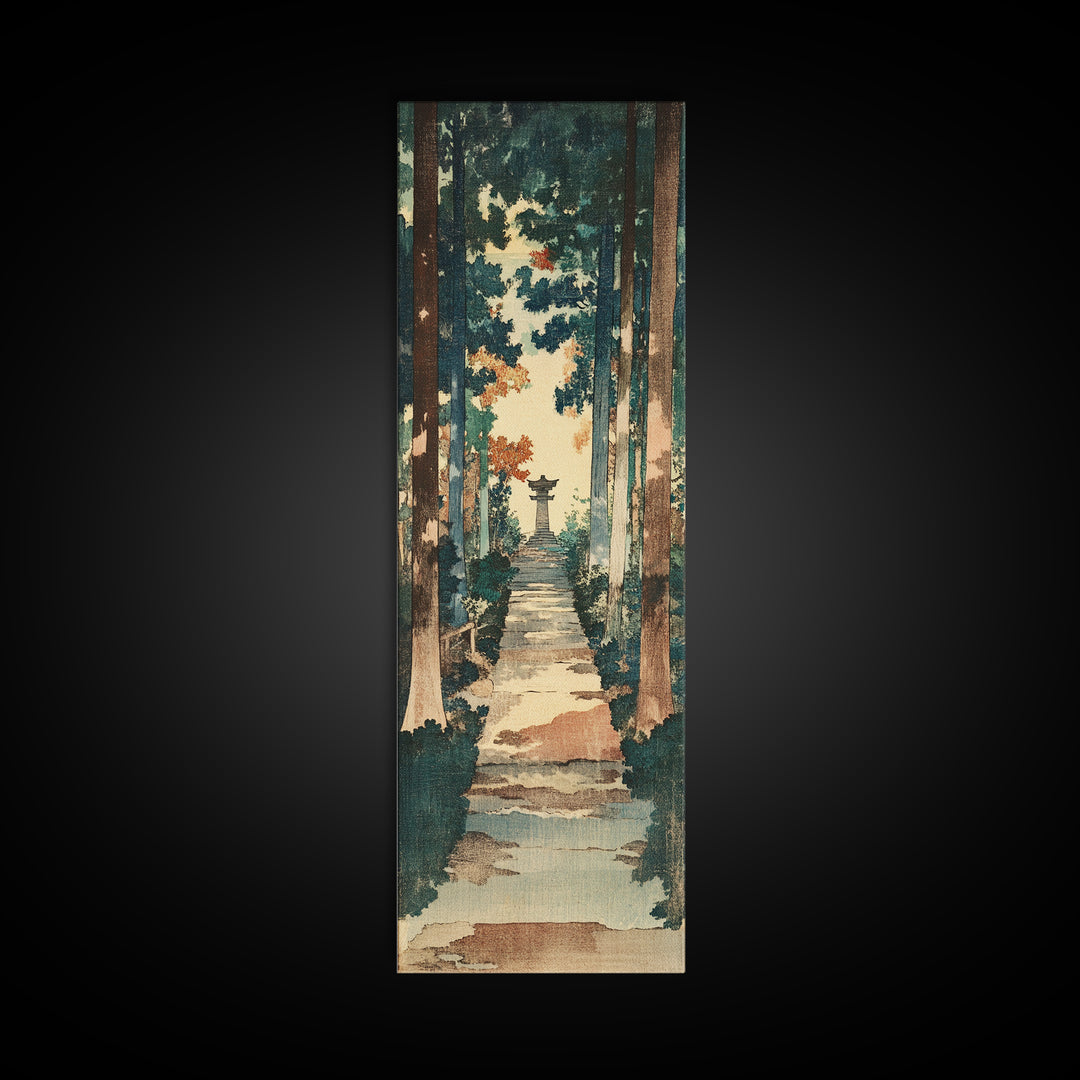 Forest Path Shrine Wall Art, Japanese Garden Canvas Print, Moody Woodland Landscape Decor, Tall Vertical Entryway Wall Art