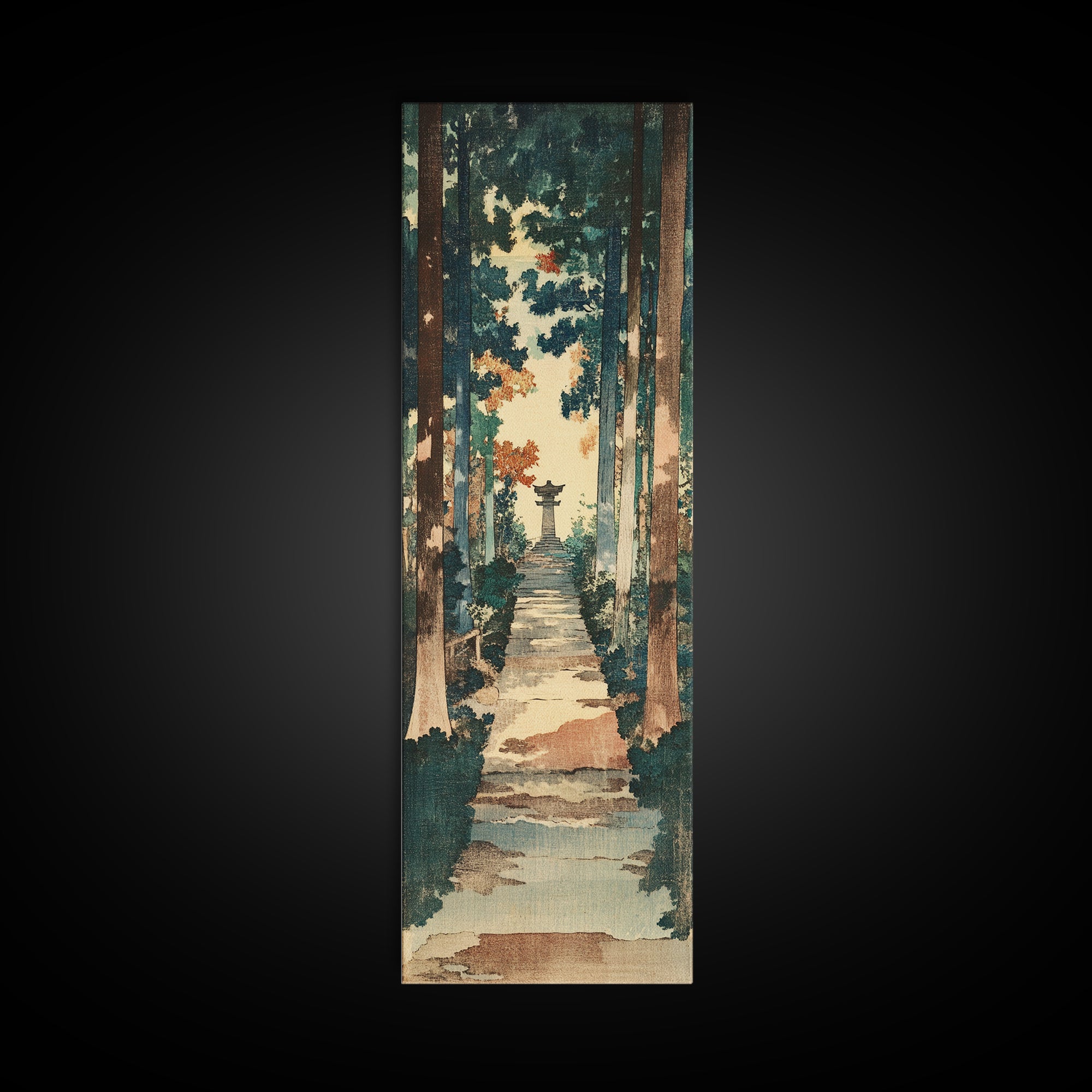 Forest Path Shrine Wall Art, Japanese Garden Canvas Print, Moody Woodland Landscape Decor, Tall Vertical Entryway Wall Art