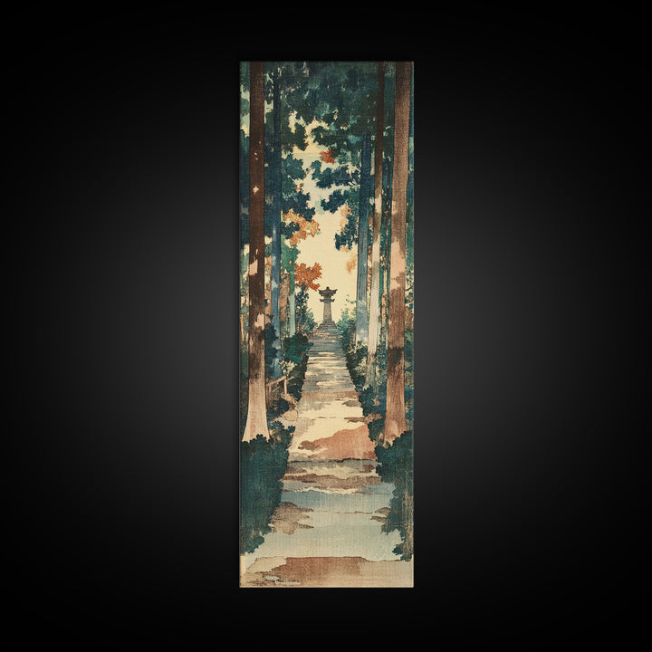 Forest Path Shrine Wall Art, Japanese Garden Canvas Print, Moody Woodland Landscape Decor, Tall Vertical Entryway Wall Art
