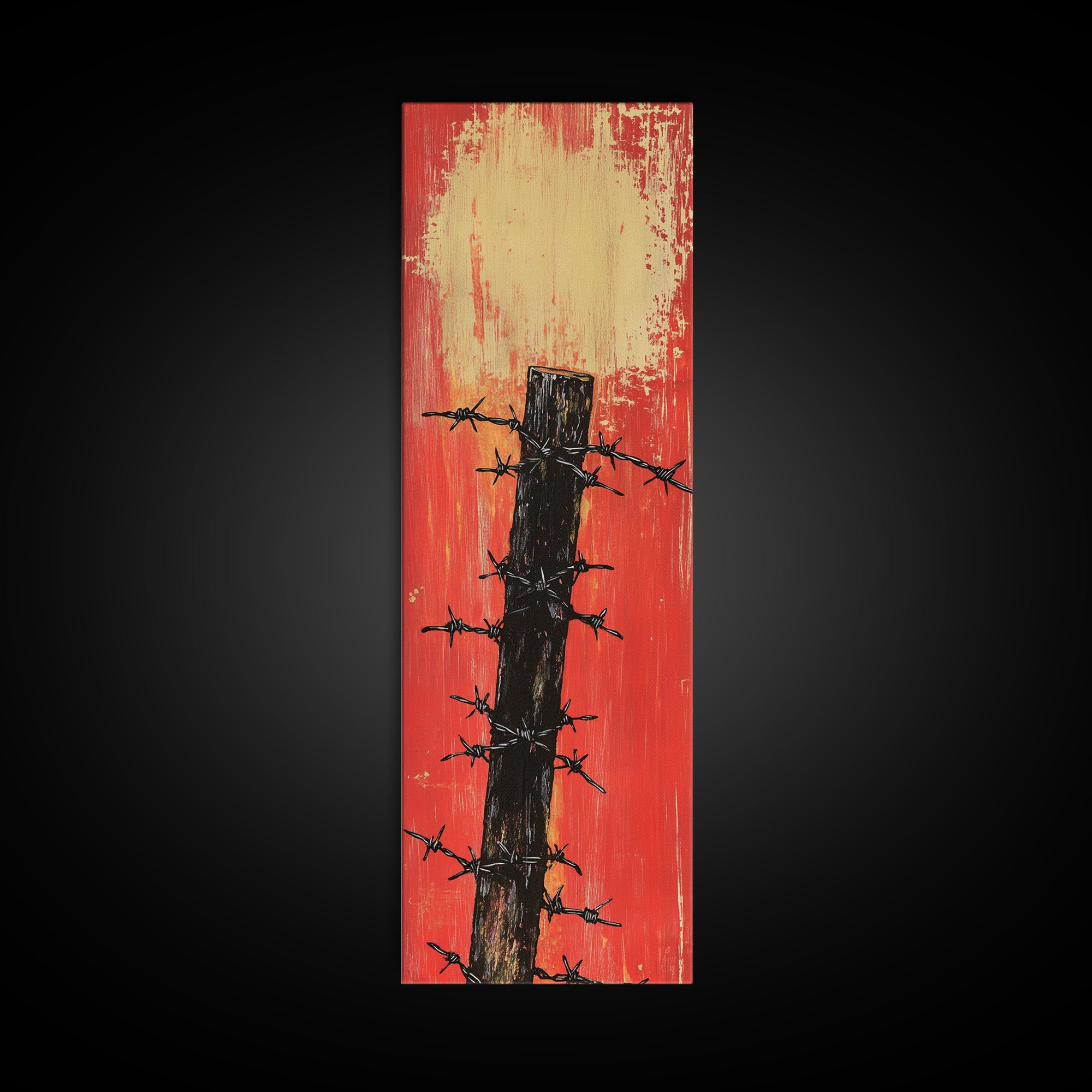 Barbed Wire Fence Post Wall Art, Rustic Western Print, Red Distressed Farmhouse Decor For Man Cave Or Modern Entryway Gift
