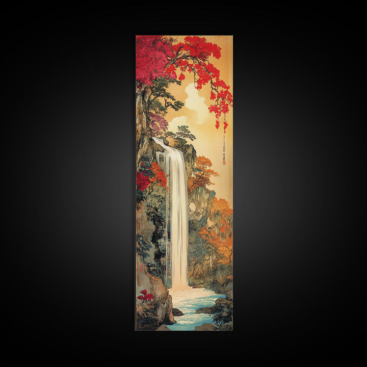 Autumn Waterfall With Red Maple Trees Framed Canvas Print, Japanese Landscape Wall Art, Nature Decor, Living Room Art Print