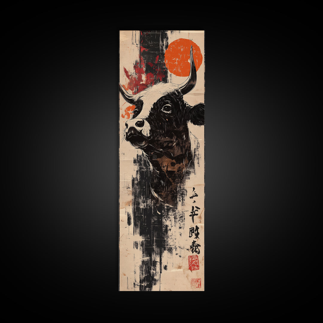 Black Bull Portrait With Red Sun Canvas Print, Japanese Western Wall Art, Rustic Farmhouse Decor, Masculine Office Art Print