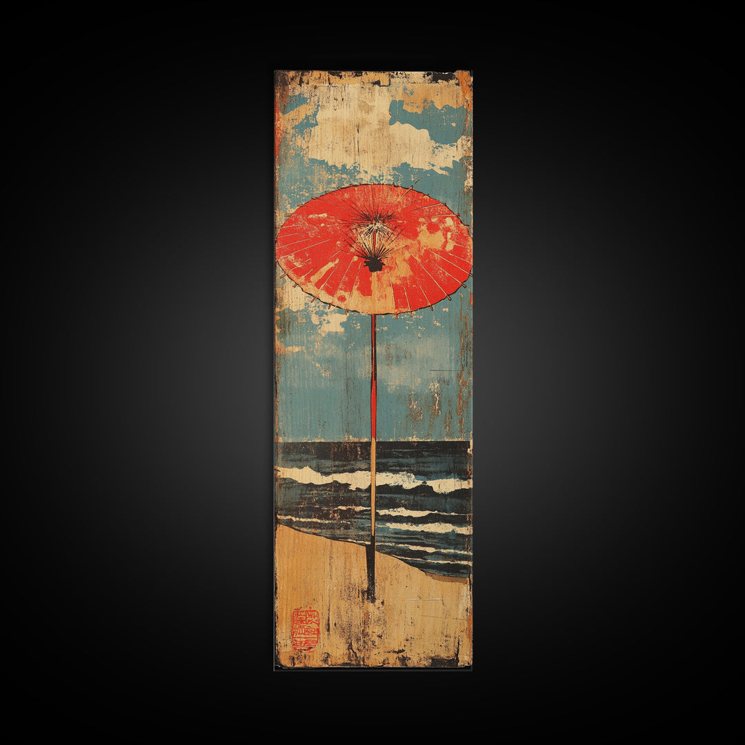 Red Beach Umbrella By Blue Ocean Framed Canvas Print, Coastal Wall Art, Beach House Decor, Summer Seascape Print, Living Room Decor