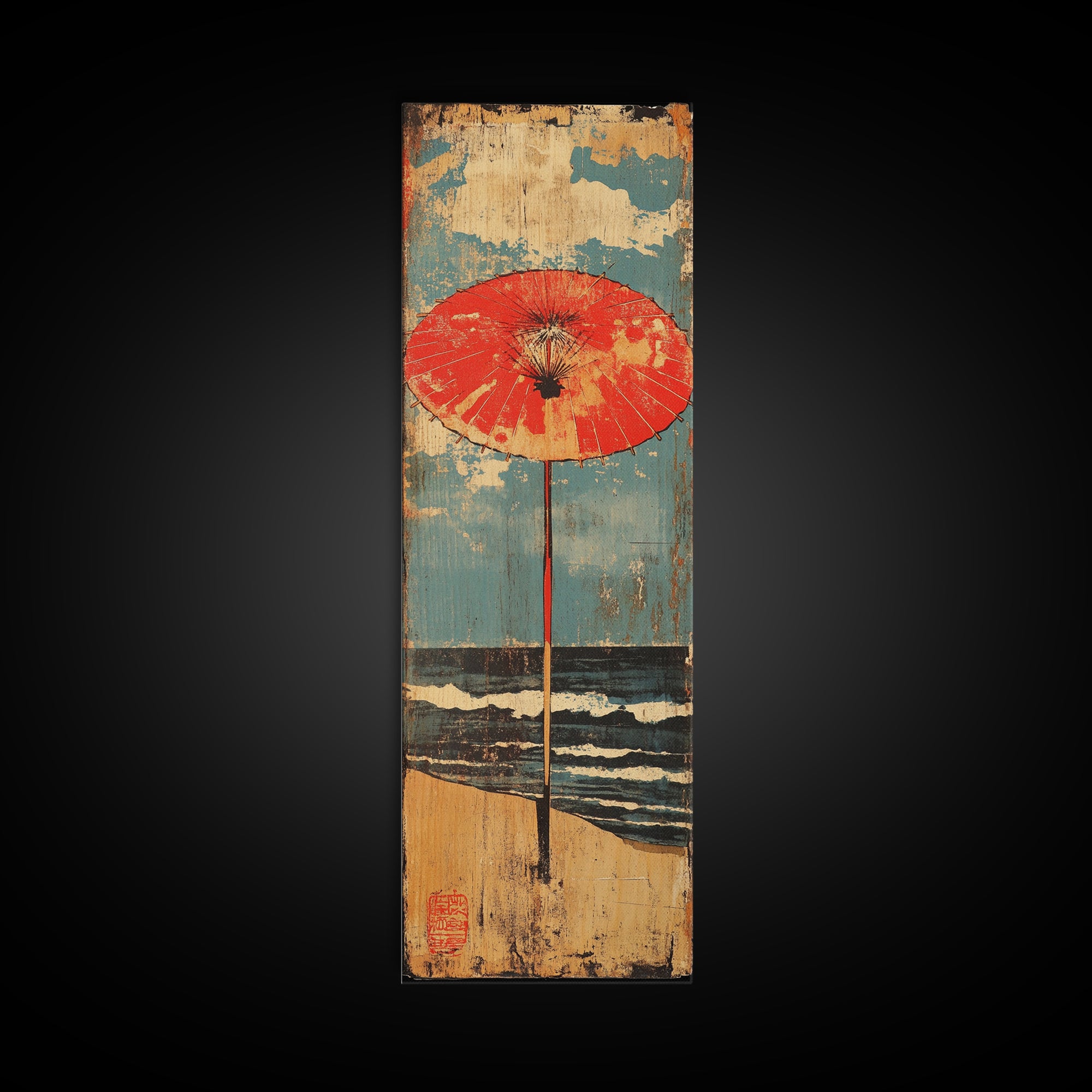 Red Beach Umbrella By Blue Ocean Framed Canvas Print, Coastal Wall Art, Beach House Decor, Summer Seascape Print, Living Room Decor