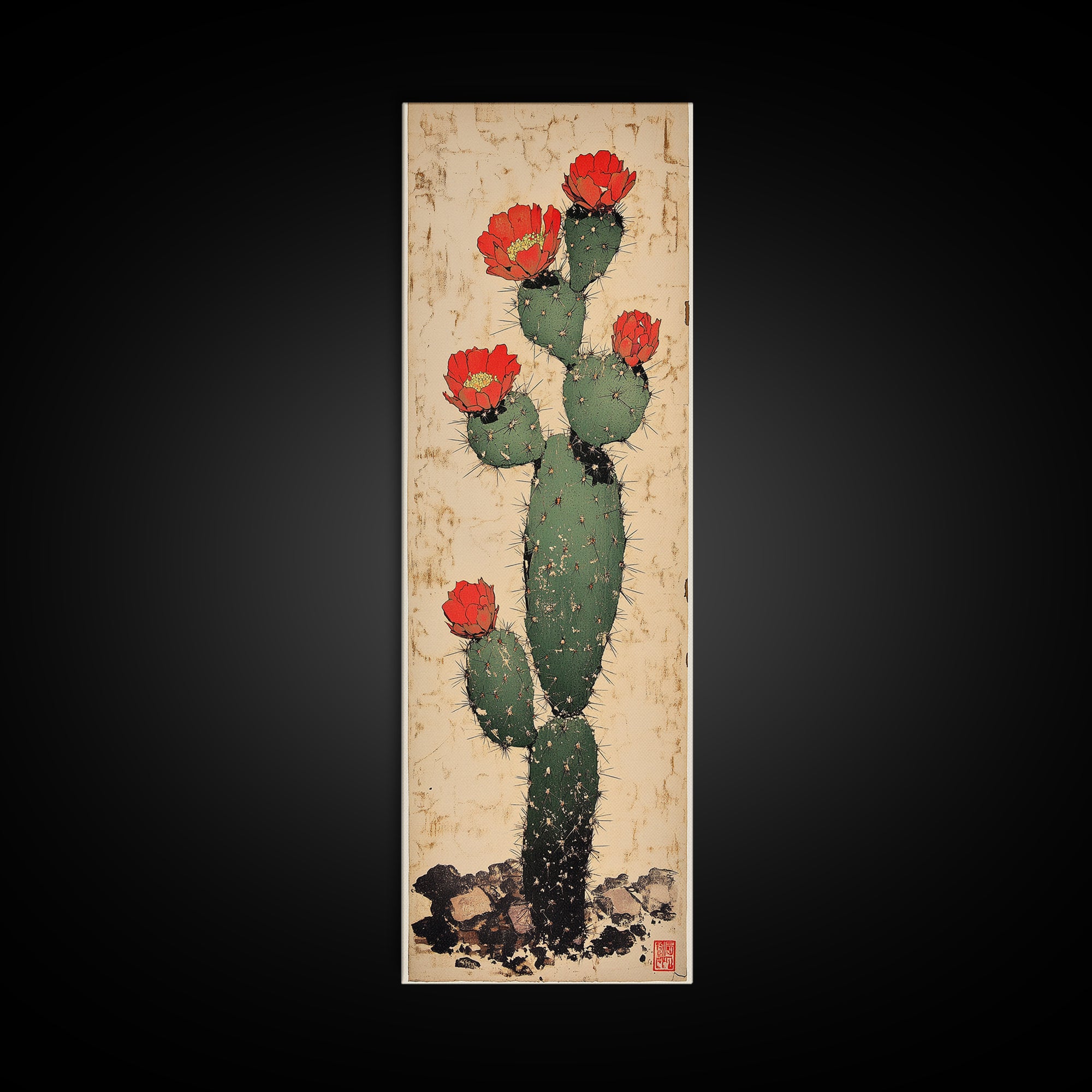 Prickly Pear Cactus With Red Flowers Canvas Print, Desert Wall Art, Southwestern Botanical Decor, Boho Home Decor, Living Room Decor