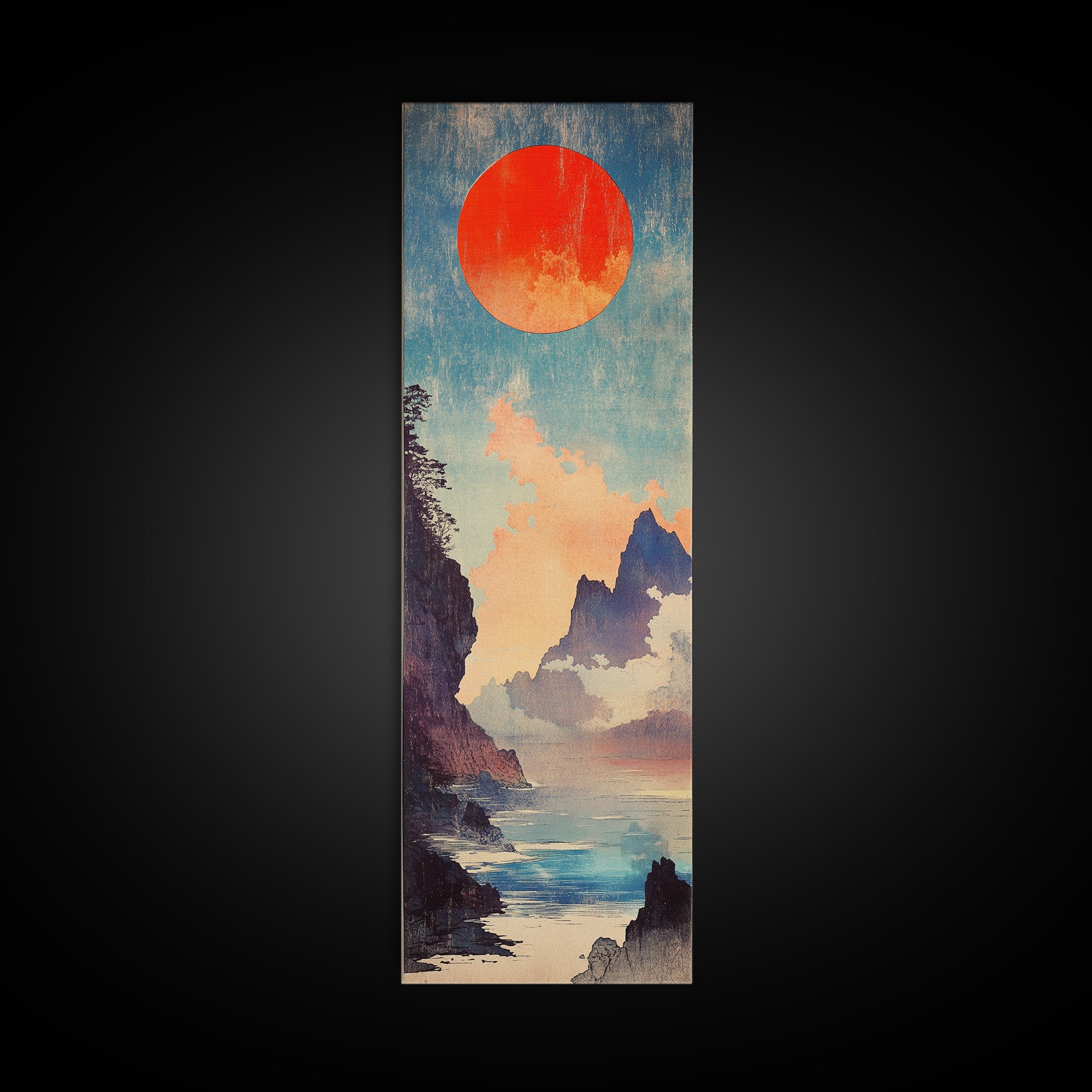 Red Sun Blue Mountain Seascape Wall Art, Japanese Landscape Print, Coastal Asian Decor, Tall Narrow Canvas For Living Room