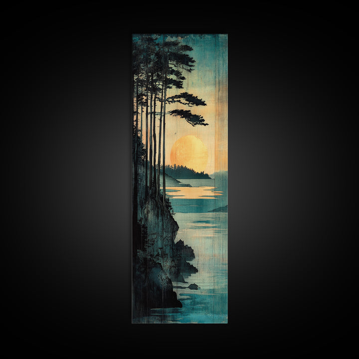Golden Sun Forest Coast Wall Art, Japanese Landscape Print, Teal Nature Decor, Long Vertical Canvas For Bedroom Or Living Room