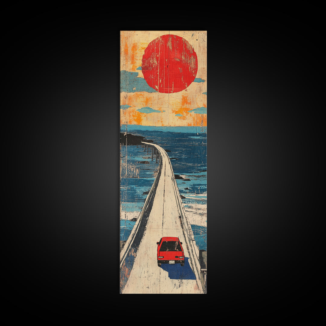 Red Car Ocean Bridge Wall Art, Retro Travel Poster Style, Japanese Coastal Decor, Long Vertical Canvas Print For Entryway