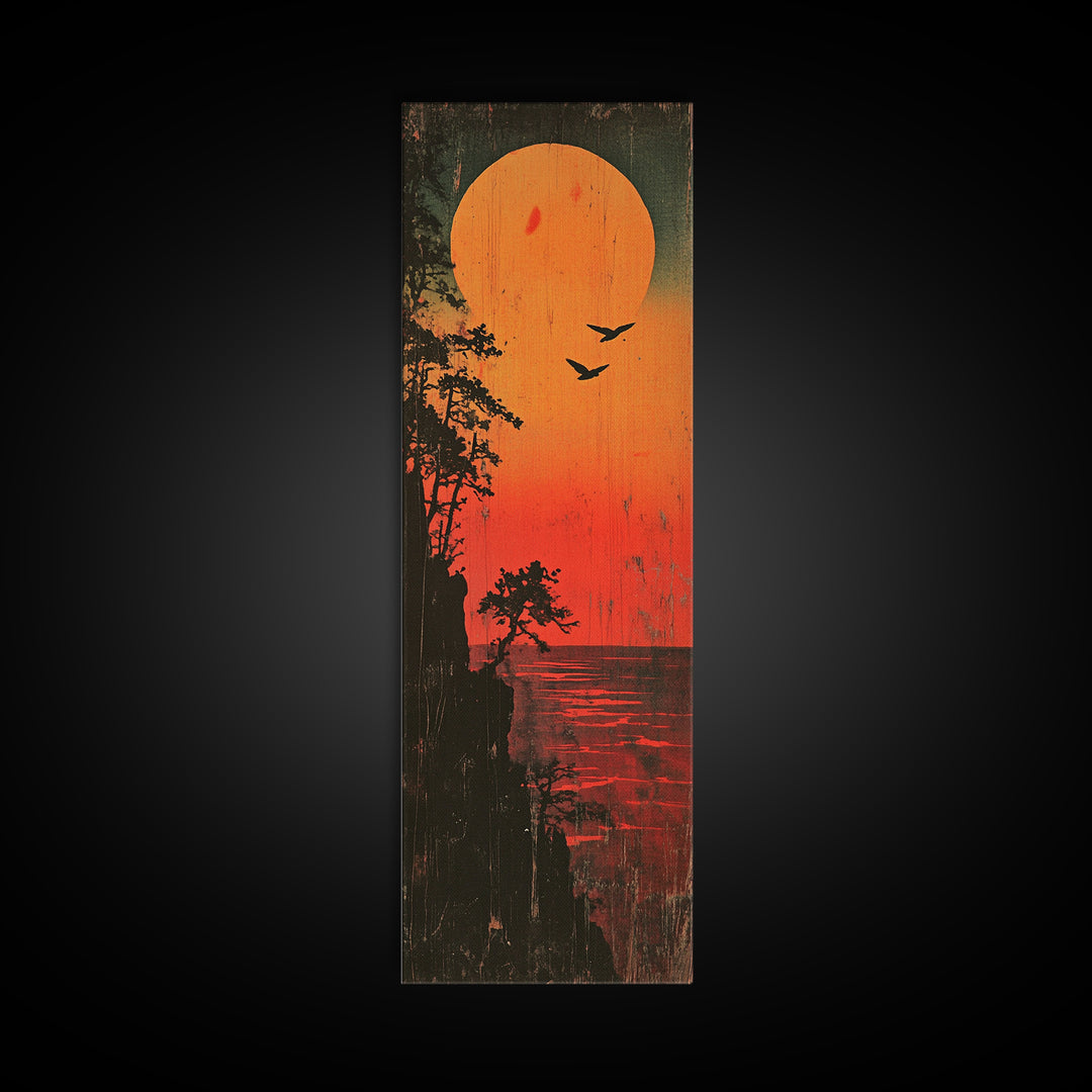 Orange Sunset Lake Silhouette Wall Art, Moody Nature Landscape Print, Rustic Cabin Decor, Long Vertical Canvas For Bedroom