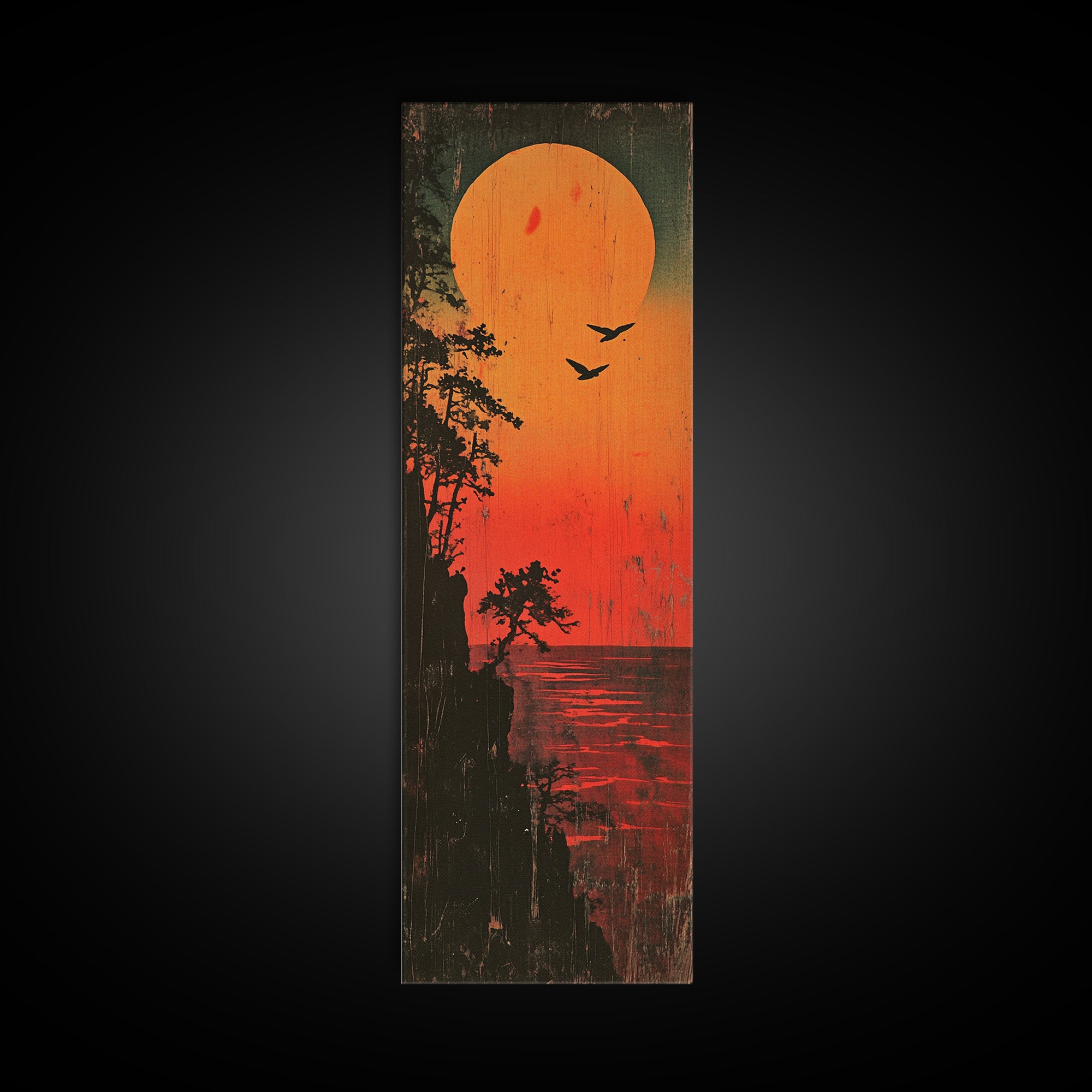 Orange Sunset Lake Silhouette Wall Art, Moody Nature Landscape Print, Rustic Cabin Decor, Long Vertical Canvas For Bedroom