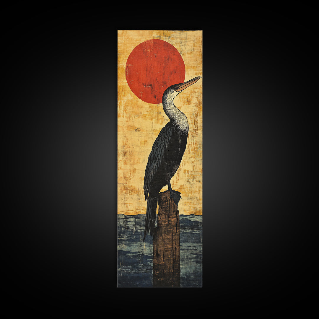 Black Cormorant Bird With Red Sun Wall Art, Japanese Coastal Framed Canvas Print For Nautical Decor And Nature Lovers Gift
