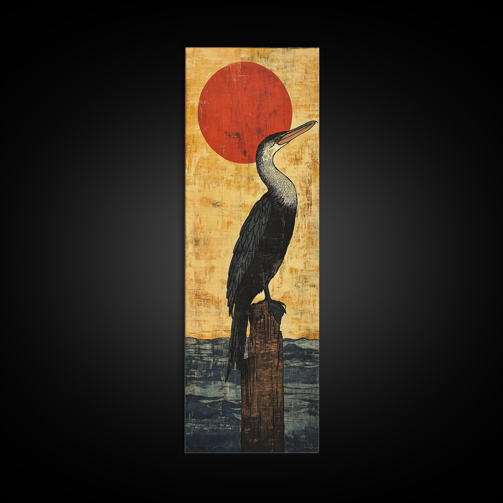 Black Cormorant Bird With Red Sun Wall Art, Japanese Coastal Framed Canvas Print For Nautical Decor And Nature Lovers Gift