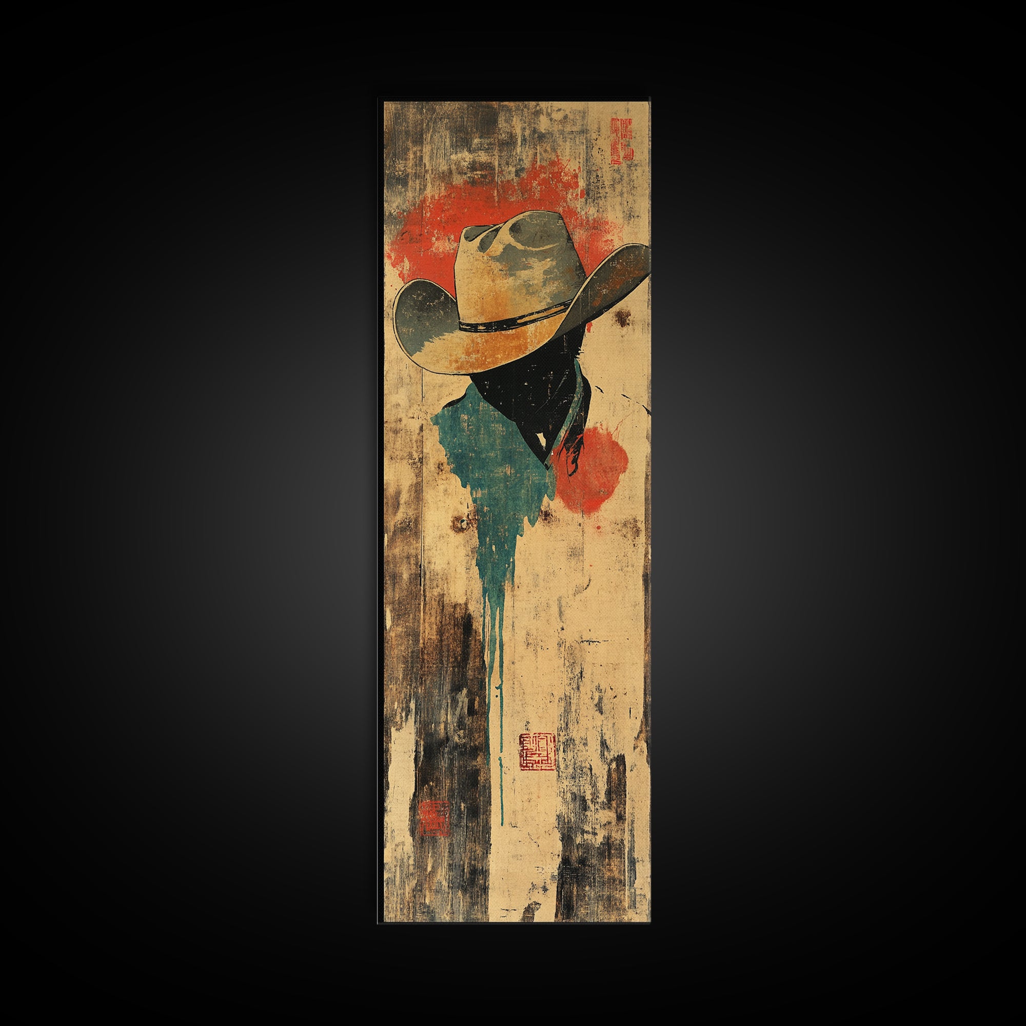 Weathered Cowboy Hat Silhouette Wall Art, Rustic Western Framed Canvas Print For Ranch Decor, Man Cave Decor, Gift For Him